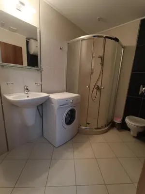 a bathroom with a washing machine next to a sink and a shower at Oasis beach house , apartment Nevena in Lozenets
