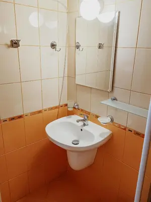 a bathroom with a sink and a mirror at Kamelia Garden Apartment in Sunny Beach