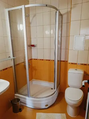 a shower in a bathroom with a toilet at Kamelia Garden Apartment in Sunny Beach