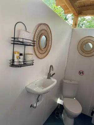 a bathroom with a toilet and a sink and a mirror at Каравана Синята Маймуна плаж Градина # RV Blue Monkey on the beach in Chernomorets