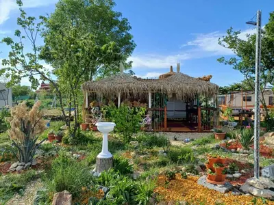 a garden with a small house with a straw roof at Къмпинг Европа Юг in Burgas City