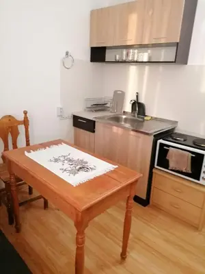 a small kitchen with a wooden table and a sink at Апартаменти Захариеви 4 in Byala