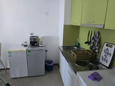 a small kitchen with a sink and a refrigerator at POMORIE Blue Bay in Pomorie