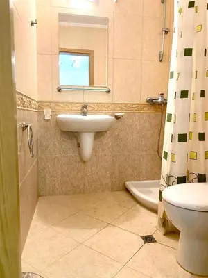 a bathroom with a sink and a toilet and a window at DELFIN Sea view in Sveti Vlas