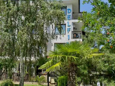 a white building with a palm tree in front of it at DELFIN Sea view in Sveti Vlas