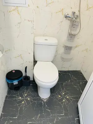 a bathroom with a white toilet and a shower at Apartments Lozenets in Lozenets