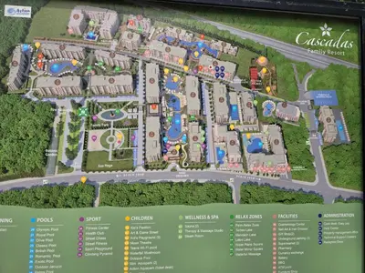 a map of the grounds of a resort at Cascadas pool view luxury apartment Sunny beach in Sunny Beach