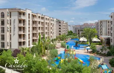 an image of an apartment complex with a water park at Cascadas pool view luxury apartment Sunny beach in Sunny Beach