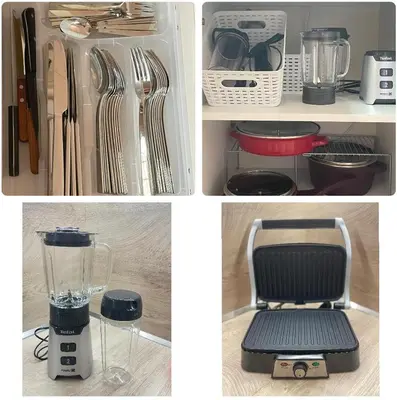 a collage of photos of a refrigerator with a blender at Luxus und Komfort im Vista Residence Komplex in Sveti Vlas