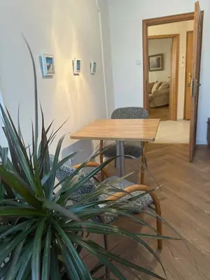 a table and chairs in a room with a potted plant at Victoria- две спални делукс до Морската градина и центъра in Burgas City