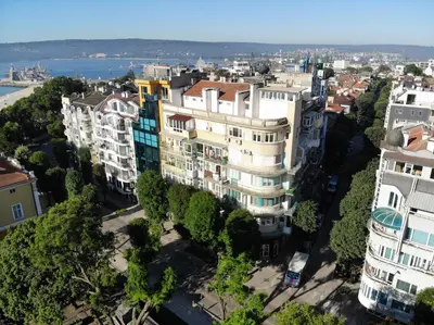 an aerial view of buildings in a city at Luxury Seaside Apartment in Varna City