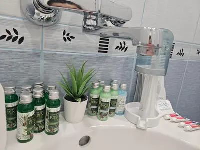 a bathroom sink with bottles of toothpaste and a mixer at Ann's apartment in Varna City