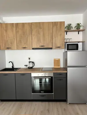 a kitchen with stainless steel appliances and wooden cabinets at New and stylish apartment Tuthon in Pomorie