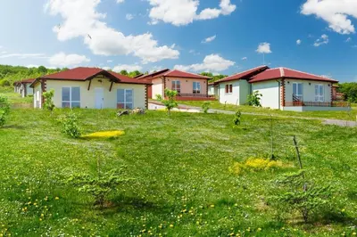 a row of houses in a field of green grass at Къща за гости ФОРЕВЪР in Banya