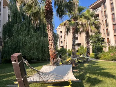 two hammocks in a yard with palm trees and buildings at Luxury Apartments in Cascadas Family Resort Sunny Beach in Sunny Beach
