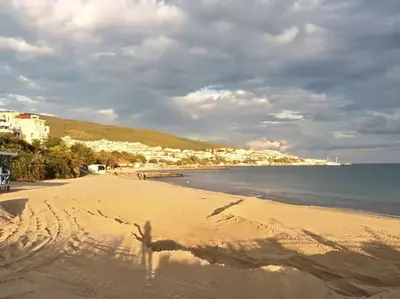 a view of a beach with buildings and the ocean at Вилла Яна in Sveti Vlas