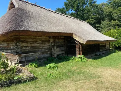 an old log cabin with a thatch roof at Sunny Villa in Byala