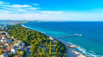 an aerial view of a beach and the ocean at Cosy apartment near the beach with terrace & sea view in Burgas City