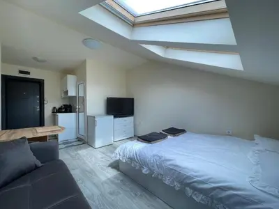 a bedroom with a bed and a couch and a skylight at Varna Centre Apartment 2 in Varna City