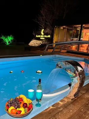 a bottle of wine and a bowl of fruit in a swimming pool at Black Sea Villas Fichoza in Varna City