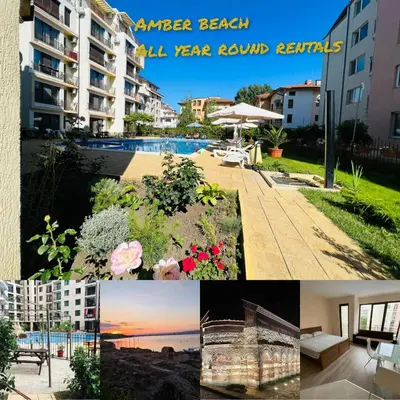 a collage of photos of buildings and a pool at Best Location in Sunny Beach Amber Beach in Sunny Beach
