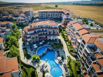 an aerial view of a resort with a swimming pool at Vineyard Spa Resort 2-Room Apartement in Kableshkovo