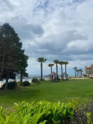 a park with palm trees and a gazebo at Private Villa in Elenite Resort in Atanasovo
