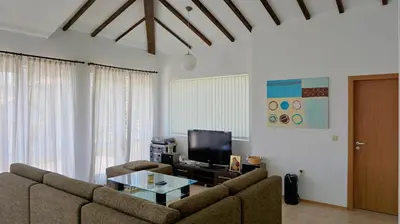 a living room with a couch and a tv at вила Мариела - villa Mariela in Yunets