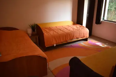 a bedroom with two beds and a rug at Коларова къща in Avren