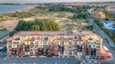 an aerial view of an apartment complex next to a beach at Dune Residence Apartments in Sunny Beach