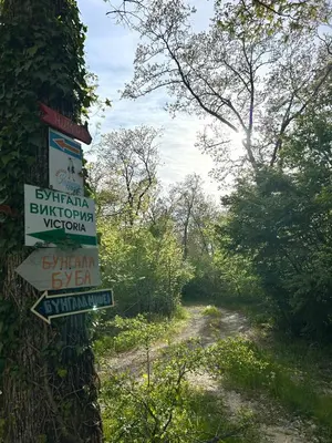 a sign on a tree with signs on a trail at Бунгала Мишел in Varna City