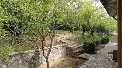 a stone path leading to a garden with trees at къщи за гости villa Momino in Avren
