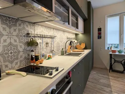 a kitchen with a sink and a counter top at Seaside luxury residence in Varna City