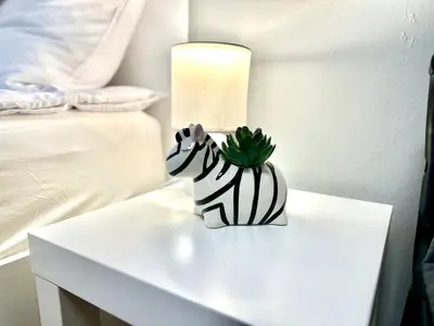 a zebra vase on a table with a plant at Studio Sea Garden in Varna City
