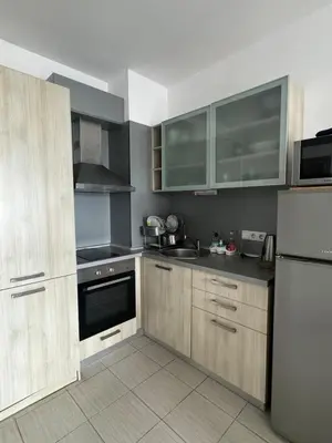 a kitchen with stainless steel appliances and wooden cabinets at Relaxing apartment - 100 meters from the sea in Chernomorets