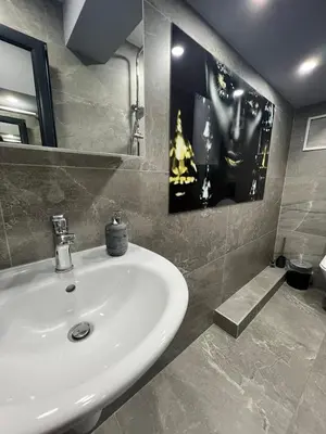 a bathroom with a white sink and a mirror at NJ Modigliani style in Varna City