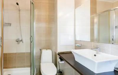 a bathroom with a sink and a toilet and a shower at APOLONIS hotel in Sozopol