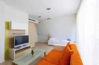 a living room with a couch and a television at APOLONIS hotel in Sozopol