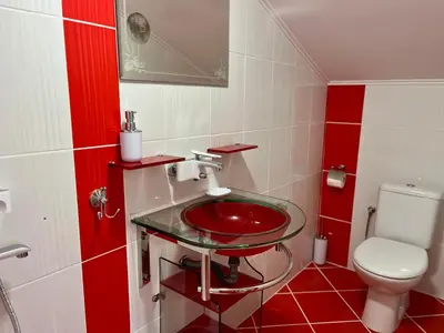 a bathroom with a red sink and a toilet at Villa Teos in Novo Panicharevo