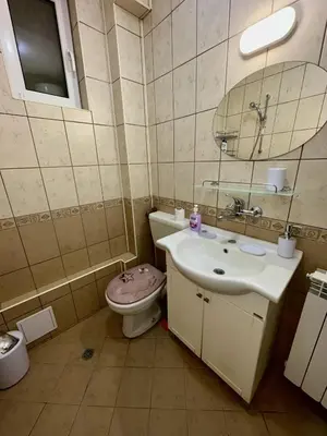 a bathroom with a sink and a toilet and a mirror at Villa Teos in Novo Panicharevo