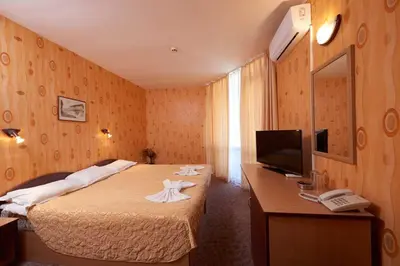a bedroom with a bed and a desk and a television at Hotel Smolyan in Sunny Beach
