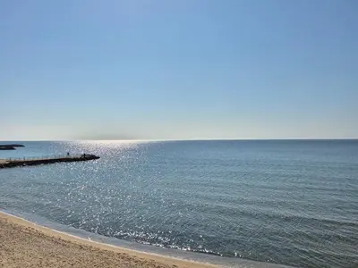 a beach with a pier in the water at Luxor Zaks Apartments in Sveti Vlas