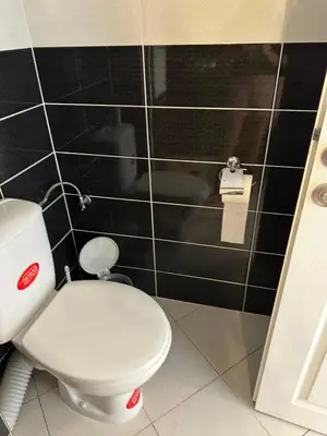 a bathroom with a white toilet and black tiles at Persani 3 Sanny Beach in Sunny Beach