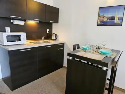 a kitchen with a sink and a counter with a microwave at Студио за гости на Сарафово in Burgas City