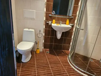a bathroom with a toilet and a sink at Студио за гости на Сарафово in Burgas City