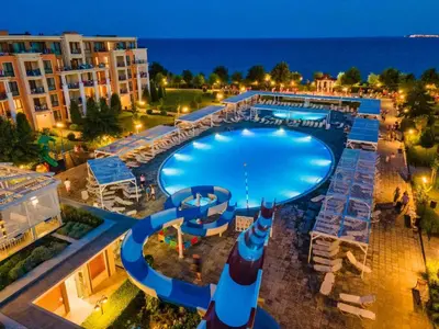 an overhead view of a swimming pool at a resort at Premier Fort Beach Hotel in Sveti Vlas