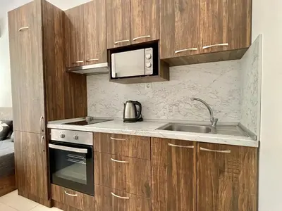 a kitchen with wooden cabinets and a sink and a microwave at Green Fort Noks - Private apartment - BSR - 3 in Sunny Beach
