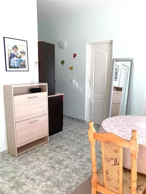 a bedroom with a bed and a dresser and a mirror at Gemütliche Ferienwohnung zwischen Bergen und Meer in Orizare