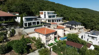 an aerial view of a large house at Villa Belissima in Sveti Vlas