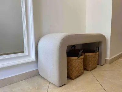 a white bench in a room with a basket at Luxury Sea nest next Marina Dinevi in Sveti Vlas